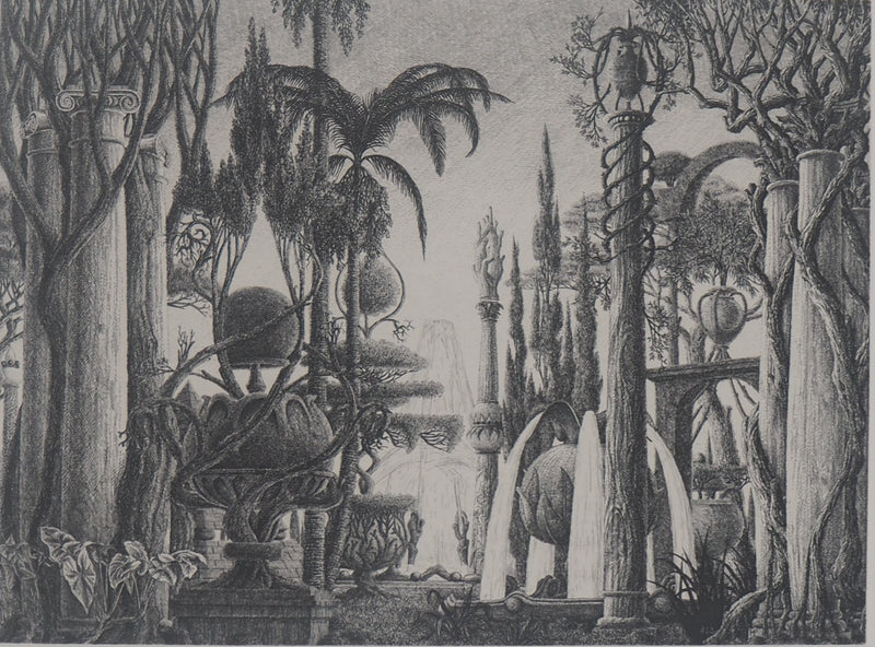 François HOUTIN : Les jardins de Babylone - Gravure