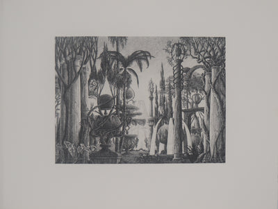 François HOUTIN : Les jardins de Babylone - Gravure (détail)