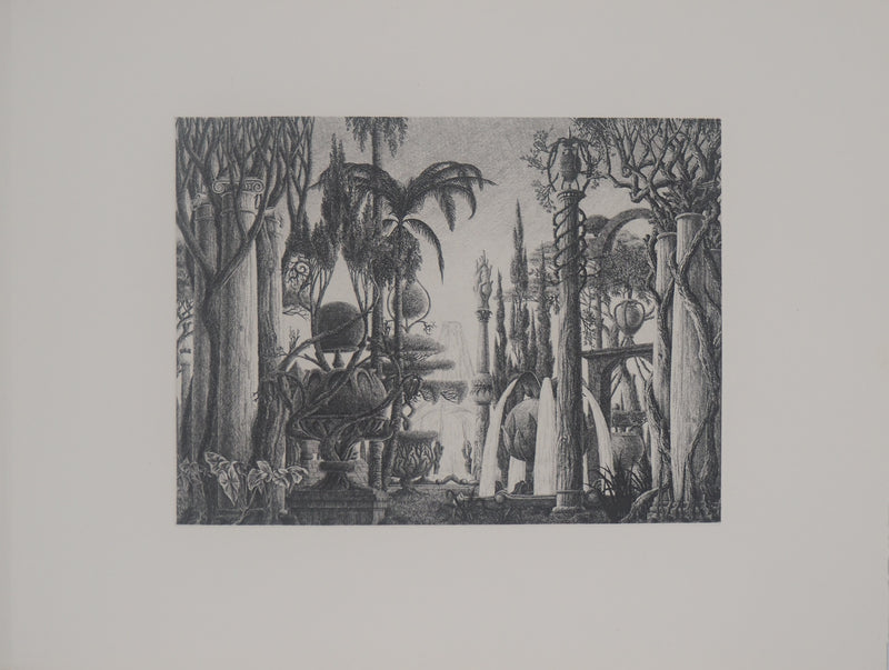 François HOUTIN : Les jardins de Babylone - Gravure (détail)