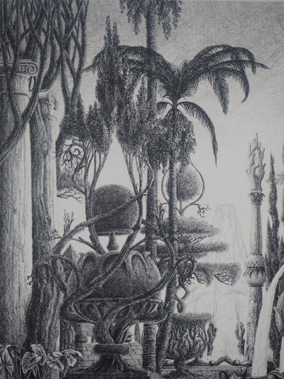 François HOUTIN : Les jardins de Babylone - Gravure (détail)