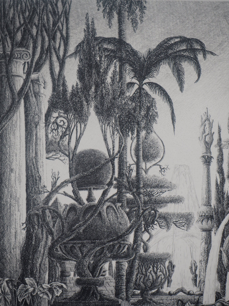 François HOUTIN : Les jardins de Babylone - Gravure (détail)