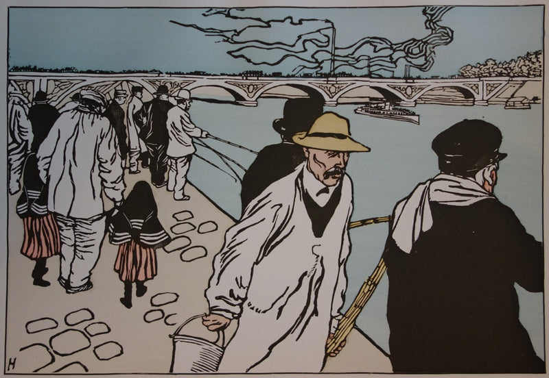 Charles HUARD : Pêcheurs à la ligne - Lithographie (détail)