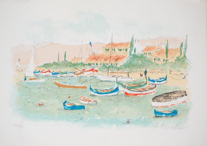 Urbain HUCHET : Les barques colorées - Lithographie