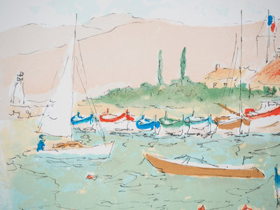 Urbain HUCHET : Les barques colorées - Lithographie (détail)
