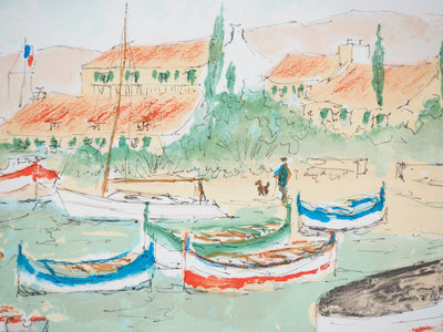 Urbain HUCHET : Les barques colorées - Lithographie (détail)