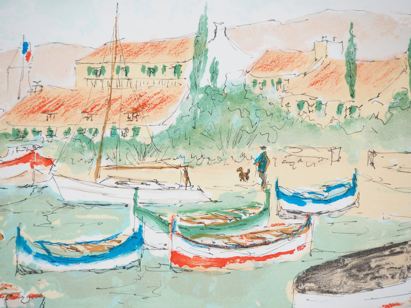 Urbain HUCHET : Les barques colorées - Lithographie (détail)