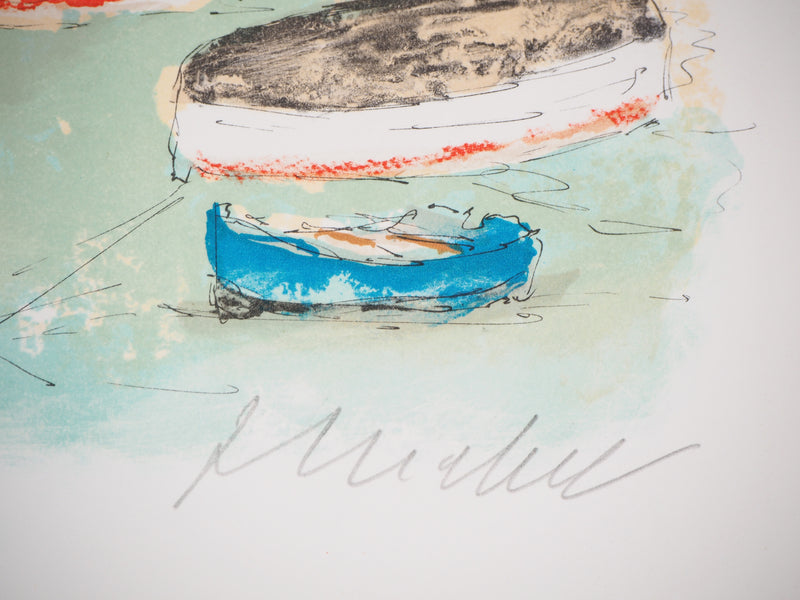 Urbain HUCHET : Les barques colorées - Lithographie (détail)