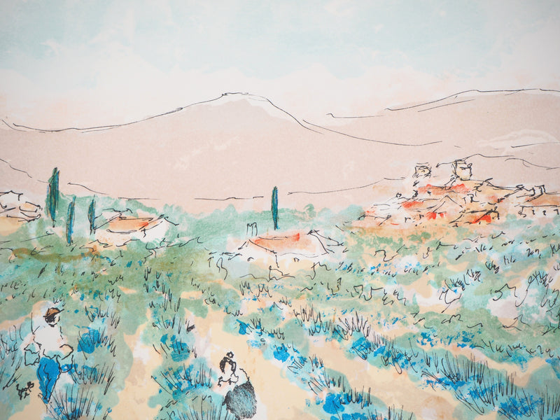 Urbain HUCHET : Provence, Champs de lavande - Lithographie (détail)