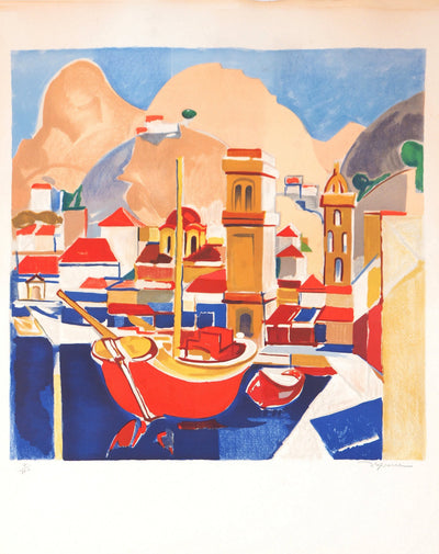Jean François IBOS : Le port d'Hydra - Lithographie (détail)