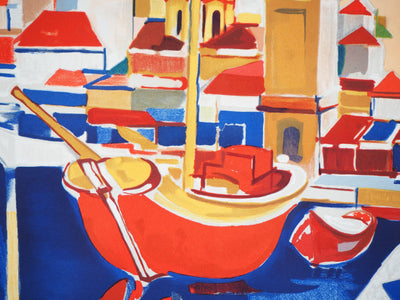 Jean François IBOS : Le port d'Hydra - Lithographie (détail)