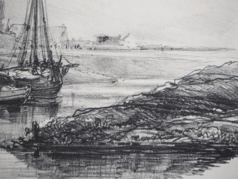 Eugène ISABEY : Souvenirs, bord de canal - Lithographie (détail)