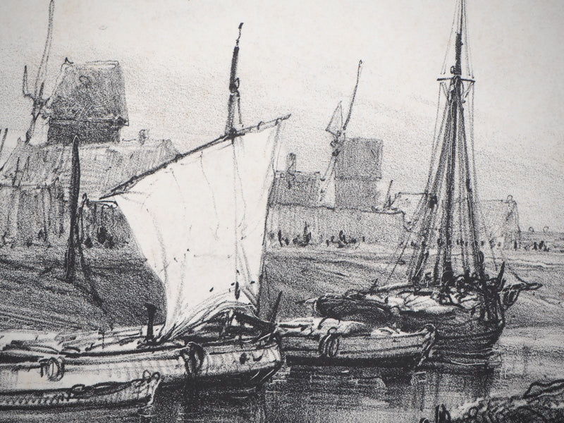 Eugène ISABEY : Souvenirs, bord de canal - Lithographie (détail)