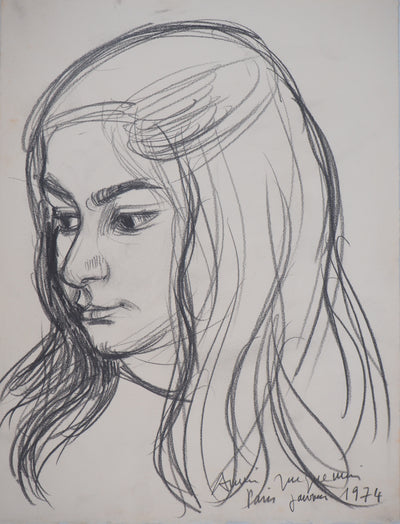 André JACQUEMIN : Jeune fille les yeux baissés, janvier 1974 - Dessin