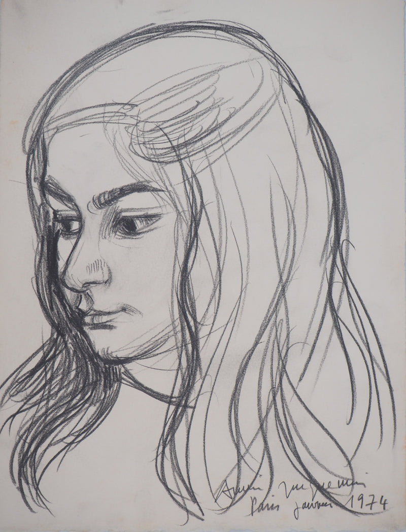 André JACQUEMIN : Jeune fille les yeux baissés, janvier 1974 - Dessin