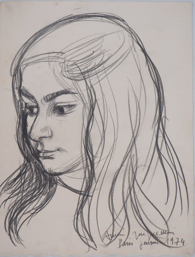 André JACQUEMIN : Jeune fille les yeux baissés, janvier 1974 - Dessin (détail)