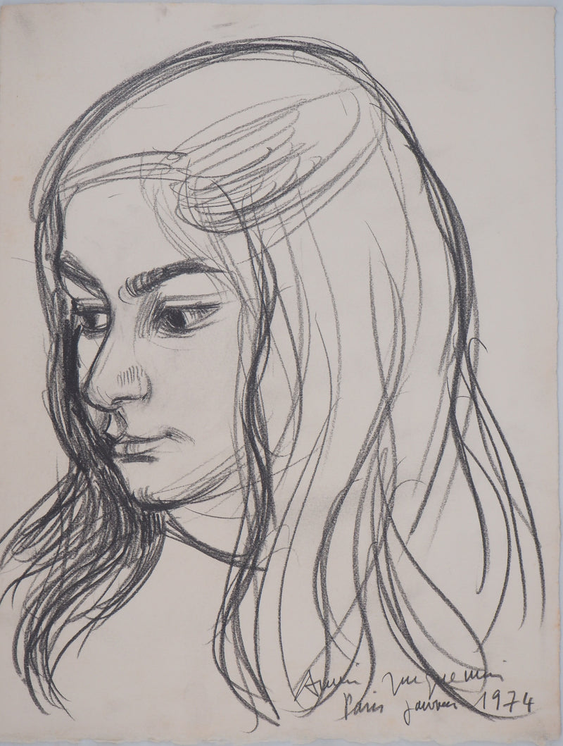 André JACQUEMIN : Jeune fille les yeux baissés, janvier 1974 - Dessin (détail)