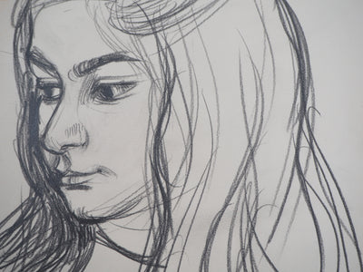 André JACQUEMIN : Jeune fille les yeux baissés, janvier 1974 - Dessin (détail)