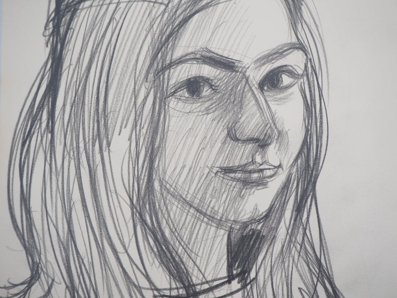 André JACQUEMIN : Portrait aux cheveux longs, janvier 1974 - Dessin (détail)