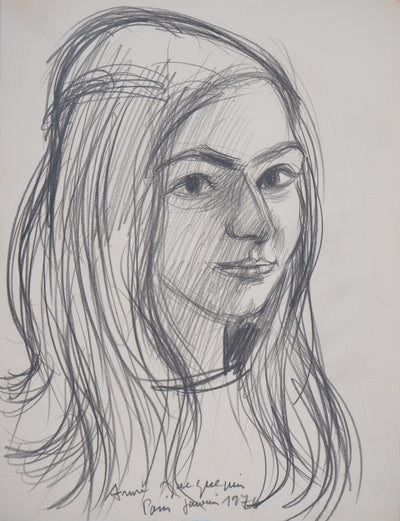 André JACQUEMIN : Portrait aux cheveux longs, janvier 1974 - Dessin (détail)