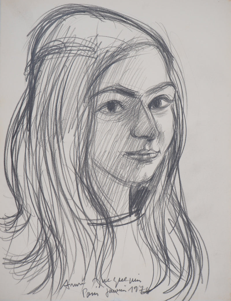 André JACQUEMIN : Portrait aux cheveux longs, janvier 1974 - Dessin (détail)