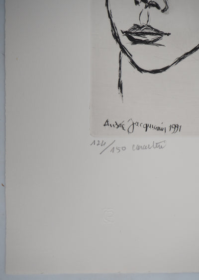 André JACQUEMIN : Caractère : portrait d'une jeune femme, 1991 - Gravure (détail)