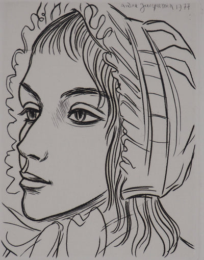 André JACQUEMIN : Portrait d'une femme au bonnet, 1977 - Gravure