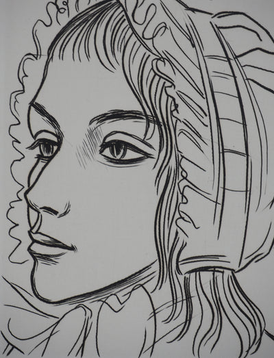 André JACQUEMIN : Portrait d'une femme au bonnet, 1977 - Gravure (détail)