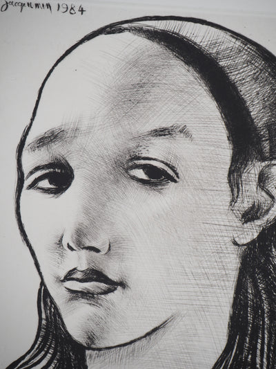 André JACQUEMIN : Portrait d'une jeune fille : Aïda - Gravure (détail)
