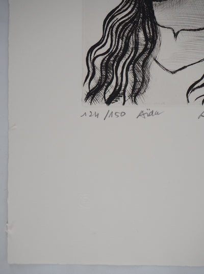 André JACQUEMIN : Portrait d'une jeune fille : Aïda - Gravure (détail)