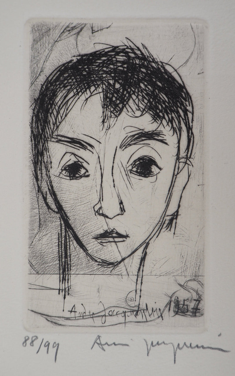 André JACQUEMIN : Portrait de jeune homme, 1957 - Gravure