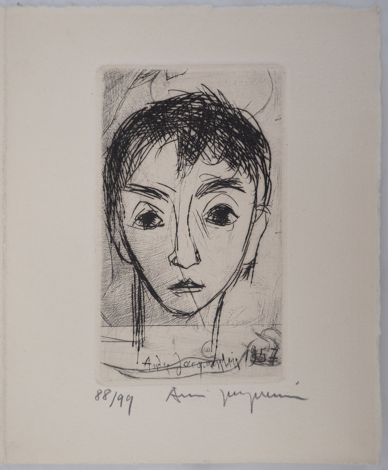 André JACQUEMIN : Portrait de jeune homme, 1957 - Gravure (détail)