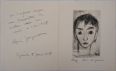 André JACQUEMIN : Portrait de jeune homme, 1957 - Gravure (détail)