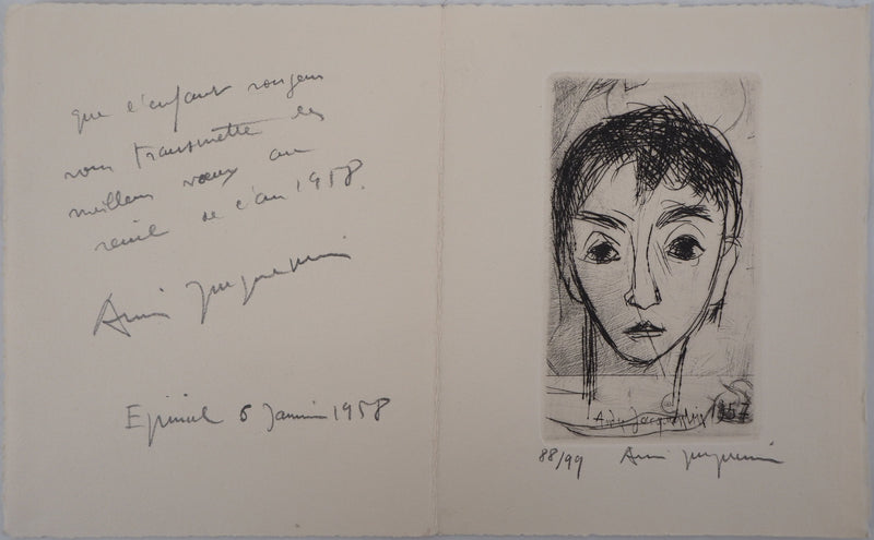 André JACQUEMIN : Portrait de jeune homme, 1957 - Gravure (détail)