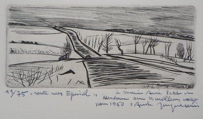 André JACQUEMIN : Route hivernale, 1959 - Gravure