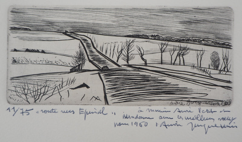 André JACQUEMIN : Route hivernale, 1959 - Gravure