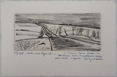 André JACQUEMIN : Route hivernale, 1959 - Gravure (détail)