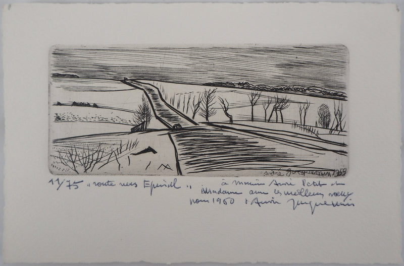 André JACQUEMIN : Route hivernale, 1959 - Gravure (détail)