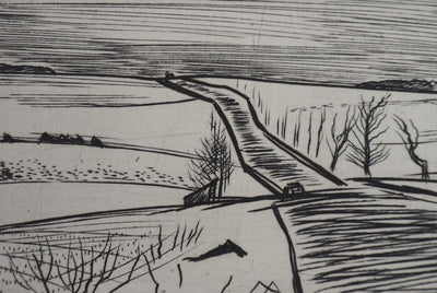 André JACQUEMIN : Route hivernale, 1959 - Gravure (détail)