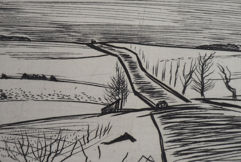 André JACQUEMIN : Route hivernale, 1959 - Gravure (détail)