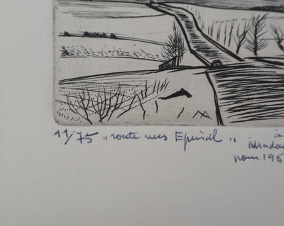 André JACQUEMIN : Route hivernale, 1959 - Gravure (détail)