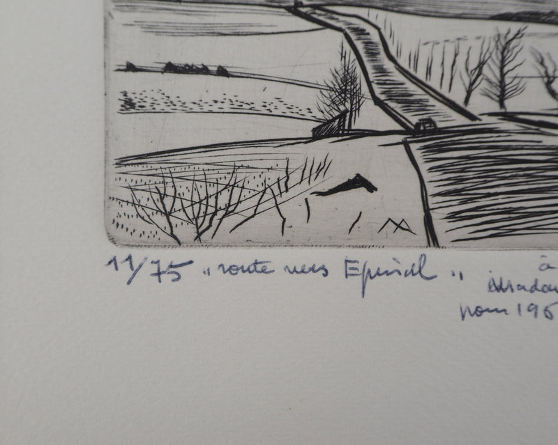 André JACQUEMIN : Route hivernale, 1959 - Gravure (détail)