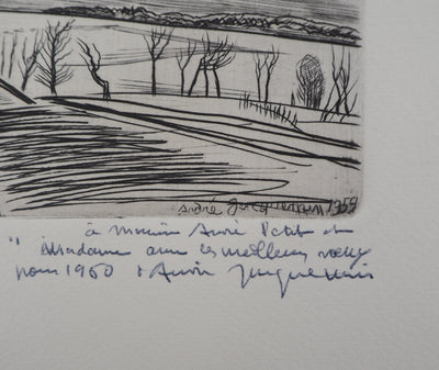 André JACQUEMIN : Route hivernale, 1959 - Gravure (détail)
