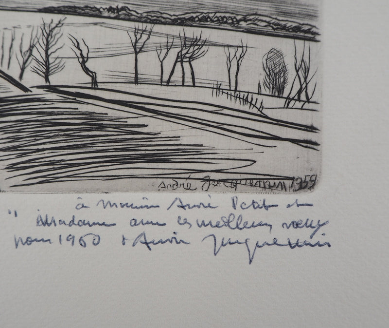 André JACQUEMIN : Route hivernale, 1959 - Gravure (détail)