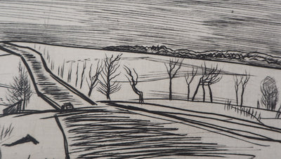 André JACQUEMIN : Route hivernale, 1959 - Gravure (détail)