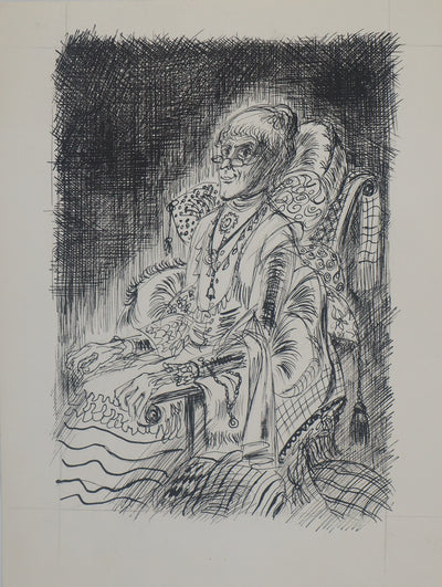 Louis JAMES : Vieille Dame et son fauteuil  - Dessin