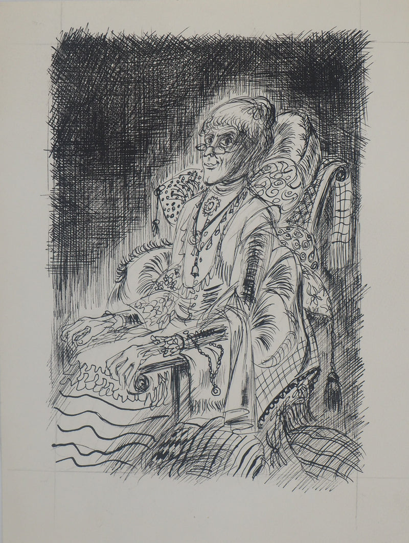 Louis JAMES : Vieille Dame et son fauteuil  - Dessin