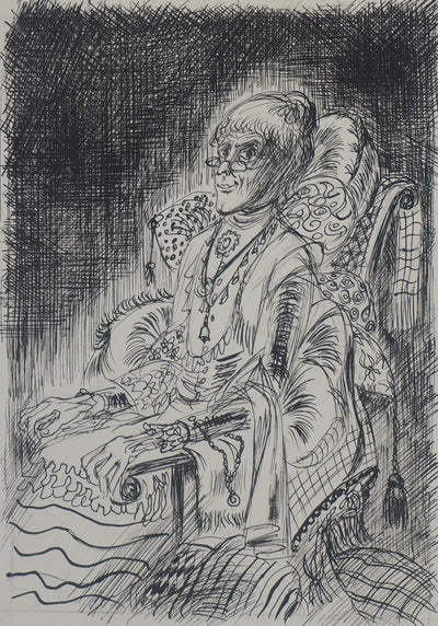 Louis JAMES : Vieille Dame et son fauteuil  - Dessin (détail)