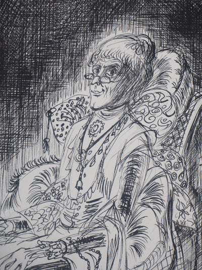 Louis JAMES : Vieille Dame et son fauteuil  - Dessin (détail)