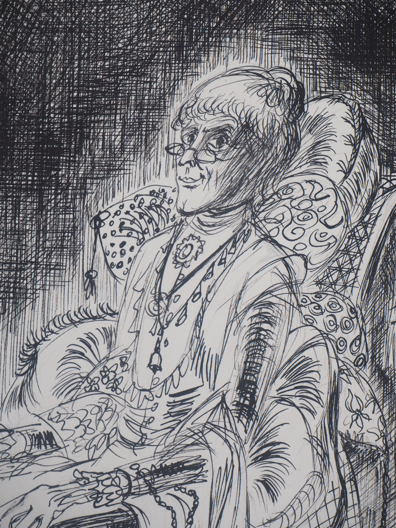Louis JAMES : Vieille Dame et son fauteuil  - Dessin (détail)