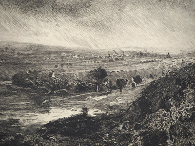 Charles-Louis KRATKE : Paysage de vallée sous ciel orageux - Gravure (détail)